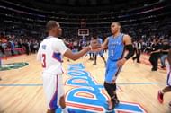 Chris Paul #3 of the Los Angeles Clippers and Russell Westbrook #0 of the Oklahoma City Thunder greet each other after their game at Staples Center on April 9, 2014 in Los Angeles, California.