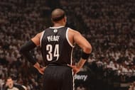 Paul Pierce #34 of the Brooklyn Nets stands on the court during Game One of the Eastern Conference Quarterfinals against the Toronto Raptors of the 2014 NBA playoffs on April 19, 2014 at the Air Canada Centre in Toronto, Ontario, Canada