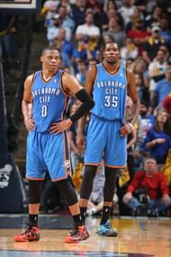 Russell Westbrook #0 and Kevin Durant #35 of the Oklahoma City Thunder during a game against the Memphis Grizzlies in Game Four of the Western Conference Quarterfinals during the 2014 NBA Playoffs on April 26, 2014 at FedExForum in Memphis, Tennessee.