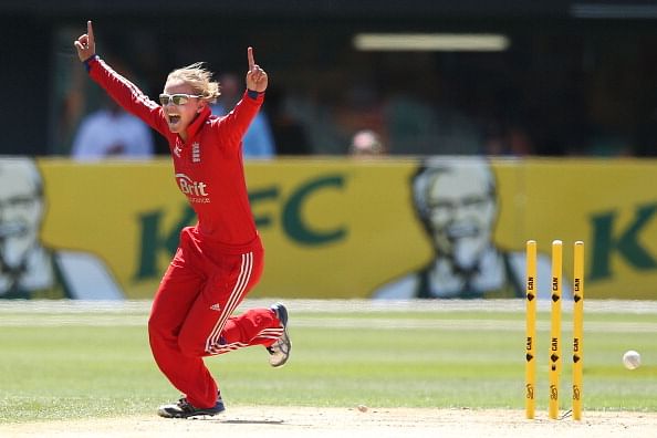 HOBART, AUSTRALIA - JANUARY 29:  Danielle Wyatt of England celebrates running out Alex Blackwell of Australia during game one of the International Twenty20 series between Australia and England at Blundstone Arena on January 29, 2014 in Hobart, Australia.  (Photo by Michael Dodge/Getty Images)