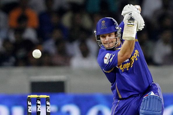 HYDERABAD, INDIA - MAY 18:  Rajasthan Royals player Shane Watson in action during the match between Rajasthan Royals and Deccan Chargers at Rajiv Gandhi International Stadium, Uppal on May 18, 2012 in Hyderabad, India. Rajasthan Royals won the toss and chose to bat. (Photo by Ashok Nath Dey / Hindustan Times via Getty Images)