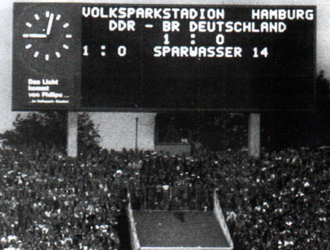 The scoreboard after East Germany won against West Germany