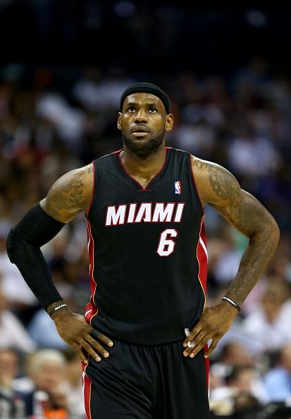 LeBron James #6 of the Miami Heat during their game against the Charlotte Bobcats in Game Four of the Eastern Conference Quarterfinals during the 2014 NBA Playoffs at Time Warner Cable Arena on April 28, 2014 in Charlotte, North Carolina.