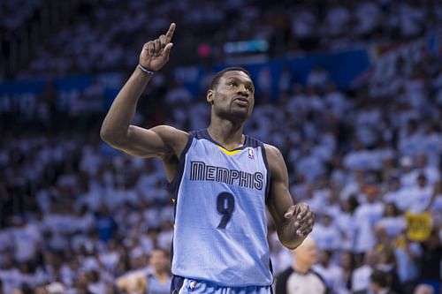 Tony Allen #9 of the Memphis Grizzlies celebrates during the game against the Oklahoma City Thunder in Game 5 of the Western Conference Quarterfinals during the 2014 NBA Playoffs at the Chesapeake Arena on April 29, 2014 in Oklahoma City, Oklahoma.