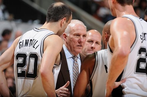 Head Coach Gregg Popovich of the San Antonio Spurs gives his players direction against the Dallas Mavericks in Game Five of the Western Conference Quarterfinals during the 2014 NBA Playoffs on April 30, 2014 at the AT&T Center in San Antonio, Texas. 