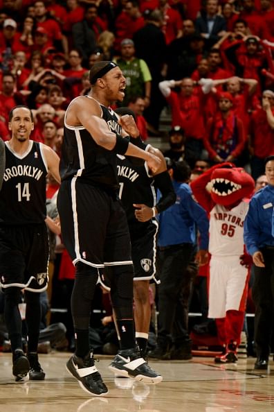 Paul Pierce #34 of the Brooklyn Nets celebrates after winning against the Toronto Raptors in Game Seven of the Eastern Conference Quarterfinals during the NBA Playoffs at the Air Canada Centre on May 4, 2014 in Toronto, Ontario, Canada.