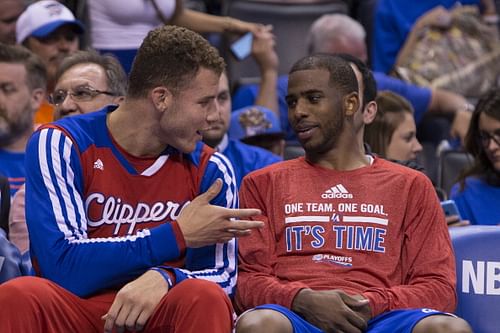 Blake Griffin #32 and Chris Paul #3 of the Los Angeles Clippers sit on the bench in Game 1 of the Western Conference Semifinals against the Oklahoma City Thunder during the 2014 NBA Playoffs at the Chesapeake Arena on May 5, 2014 in Oklahoma City, Oklahoma. 