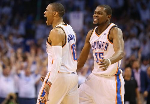 Russell Westbrook (left) and Kevin Durant of the Oklahoma City Thunder