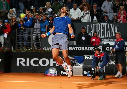 Rafael Nadal of Spain celebrates defeating Andy Murray of Great Britain during day six of the Internazionali BNL d'Italia tennis 2014 on May 16, 2014 in Rome, Italy.