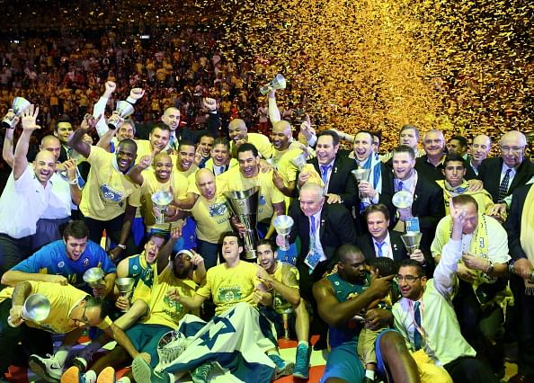 Players of Maccabi Electra Tel Aviv pose with the tophy after winning over Real Madrid at the Turkish Airlines Euroleague Final Four 2014 Champions at Mediolanum Forum on May 18, 2014 in Milan, Italy. 