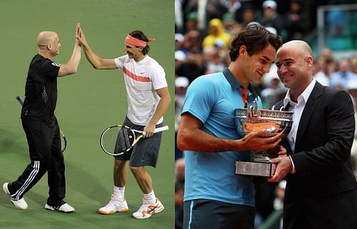 Andre Agassi with Rafael Nadal (left) and Roger Federer (right)