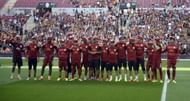 Galatasaray players with their helmets to commemorate the ones who lost their lives following the coal mine fire in Soma, Manisa on May 13, 2014, prior to the match with Kayseri Erciyesspor at Ali Sami Yen Sports Complex on May 17, 2014.