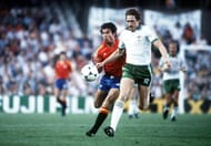 1982 World Cup Finals, Valencia, Spain, 25th June, 1982, Spain 0 v Northern Ireland 1, Spain's Juan Juanito chases Northern Ireland's John McLelland