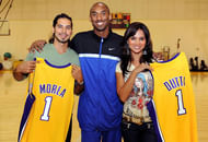 Indian actors Dino Morea (L) and Lara Dutta (R) with Kobe Bryant