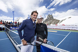 Roger Federer takes his tennis to new 'heights' as he faces Lindsey Vonn in an exhibition match