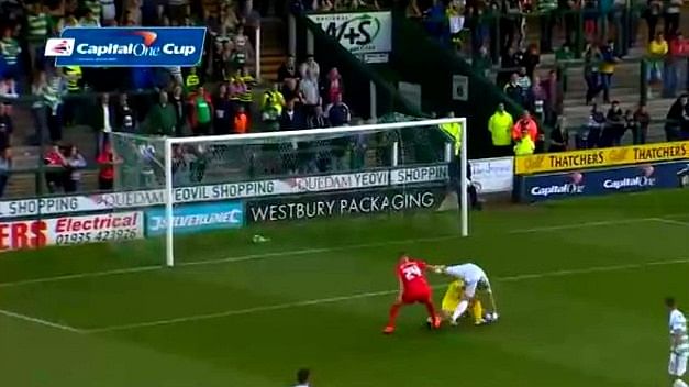 Comical defensive mix-up allows striker to score an easy goal in Capital One Cup match