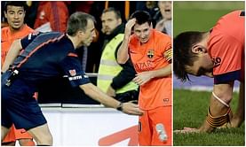 Video: Lionel Messi gets booked after getting hit on head by water bottle