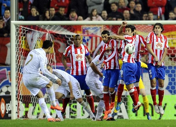 Ronaldo bends one over the Atletico wall en route to scoring his first Madrid derby hat-trick
