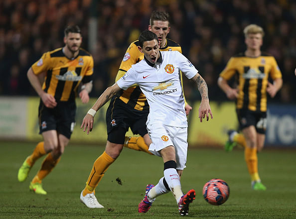 Angel Di Maria kicks the ball out of the stadium in FA Cup tie
