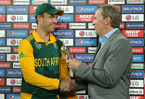 AB de Villiers while receiving the Man of the Match award for his knock today