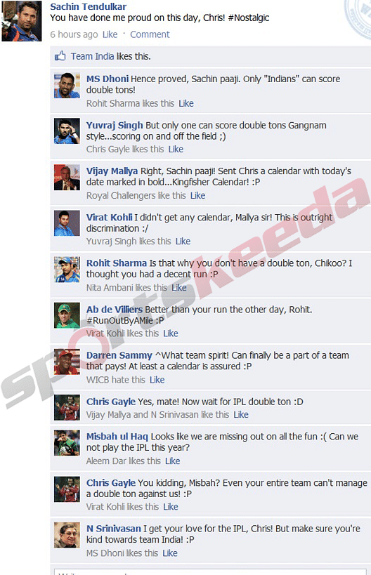 Fake FB Wall: Sachin Tendulkar congratulates Chris Gayle double; RCB joins in