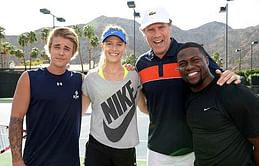 Eugenie Bouchard and Justin Bieber team up for a tennis match against Kevin Hart and Will Ferrell