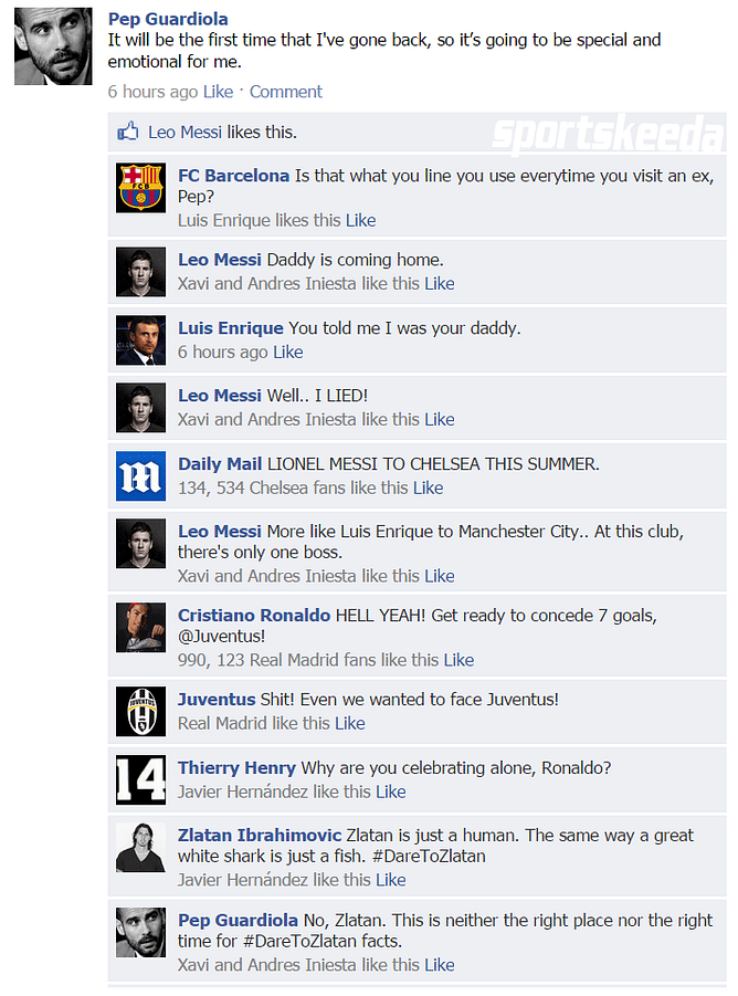 Fake FB Wall: "Daddy is coming home" writes Lionel Messi on Guardiola's return to Camp Nou
