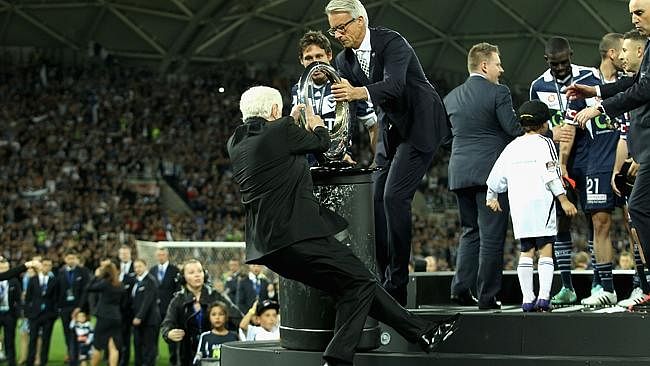 Video: Australia's FFA Chairman falls off stage during Melbourne Victory's A-League title celebrations