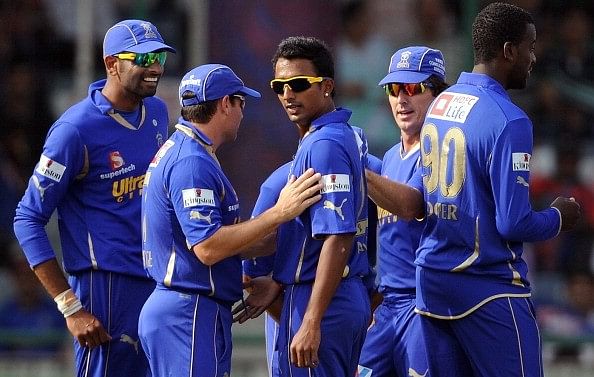 Ankeet Chavan surrounded by Rajasthan Royals teammates