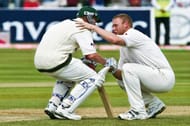 Andrew Flintoff consoles Brett Lee after the Edgbaston Test in 2005
