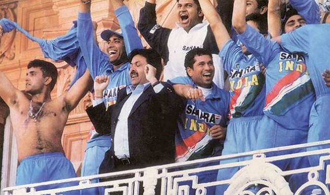 Sourav Ganguly and the Indian team celebrate the 2002 Natwest Series final win