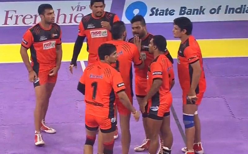 Players of UMumba celebrate after they won the Pro Kabaddi League