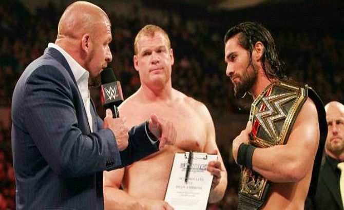 Triple H and Kane talk to WWE World Champion Seth Rollins on WWE RAW