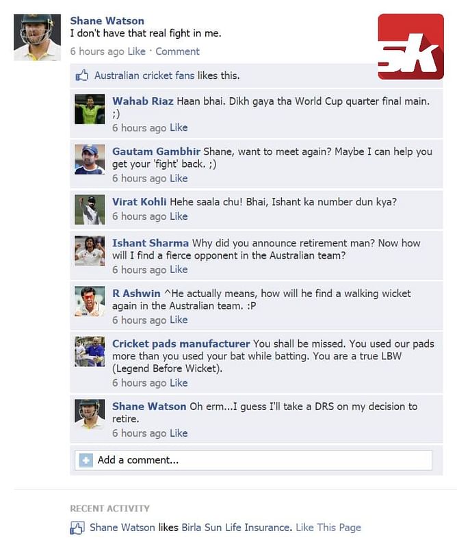 Fake FB wall: Indian, Pakistan cricketers troll Shane Watson after his honest confession