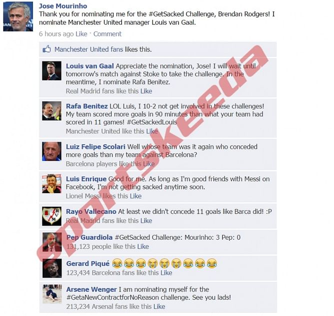 Fake FB Wall: Mourinho nominates Van Gaal for the #GetSacked challenge