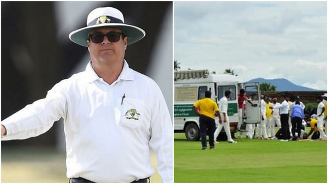 Australian umpire suffers horrific blow on head during Ranji Trophy match
