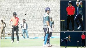 Indian umpire Pashchim Pathak wears helmet during Vijay Hazare matches