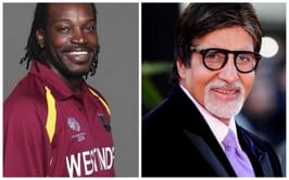 Amitabh Bachchan and Chris Gayle exchange pleasantries and a golden bat