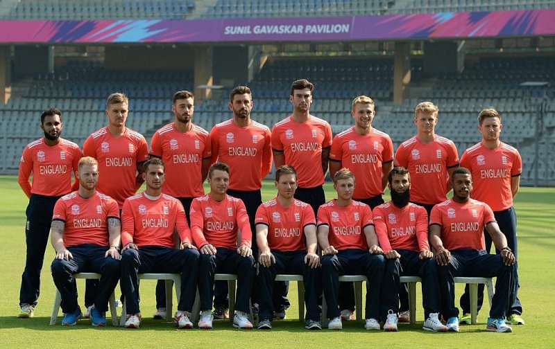The English cricket team pose for a photo ahead of a warm-up match
