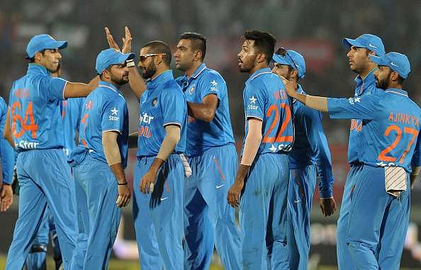 The members of the Indian cricket team celebrate a wicket