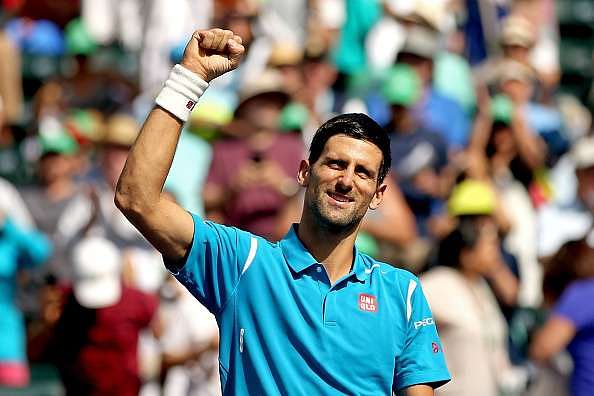 Novak Djokovic celebrating after winning the Indian Wells final against Milos Raonic