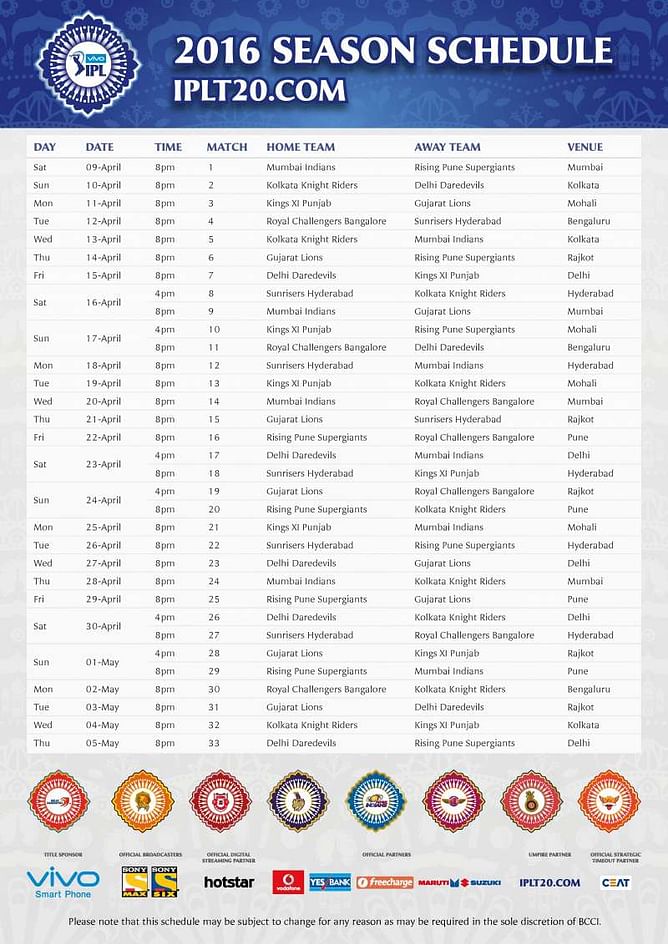 IPL 2016 Schedule, Time Table: Download PDF & Image of IPL 9 Matches