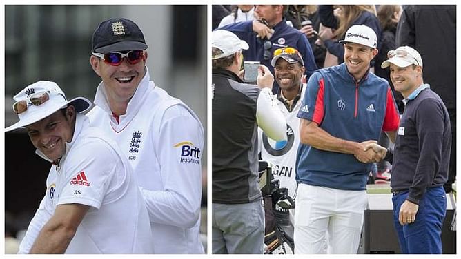 Kevin Pietersen and Andrew Strauss appear to bury the hatchet during celebrity golf event