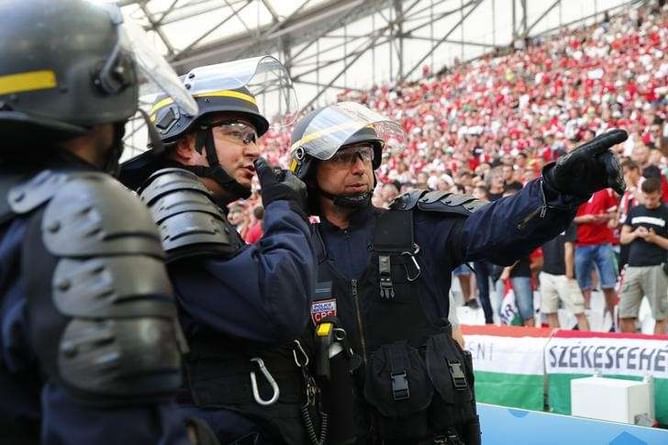 Hungarian fans and police scuffle before Iceland v Hungary game