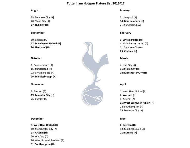 Tottenham Hotspur fixtures for 2016/17: Every Premier League