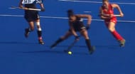 A counter attack is launched. The Kiwi player does the right thing Passes the ball first time, on her wrong foot