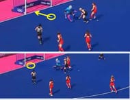 Ball is heading slowly towards the left post.While the GB players are waiting for the verdict