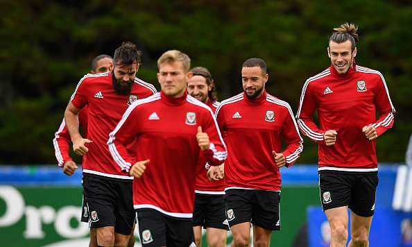 Welsh players train ahead of the game against Portugal