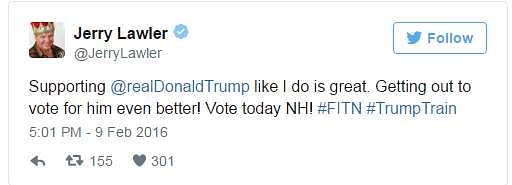 Jerry Lawler tweeted his support before the&Acirc;&nbsp;second&Acirc;&nbsp;primary in New Hampshire