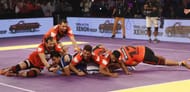 U Mumba defenders in action against Dabang Delhi